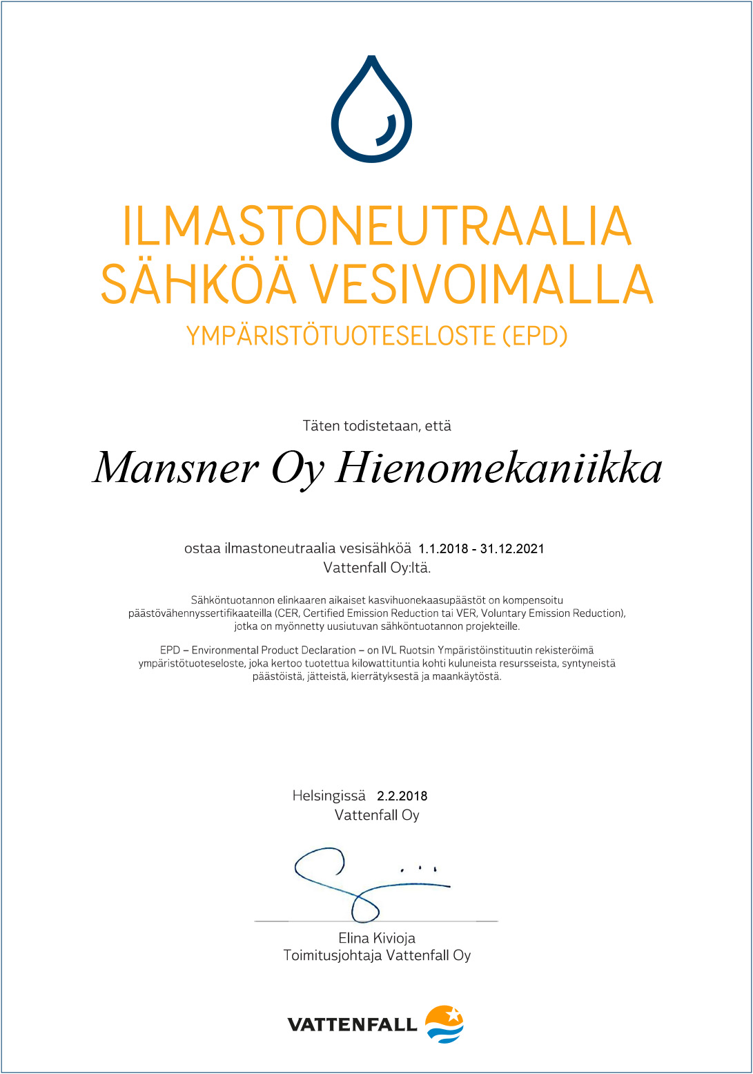 Ilmastoneutraali diplomi Mansner Oy